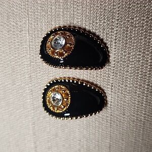 Black Enamel with Gold-Tone Clip-On Earrings in Excellent Condition